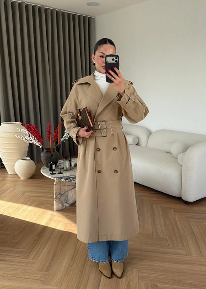 Flex Çift Kemerli Trençkot CAMEL