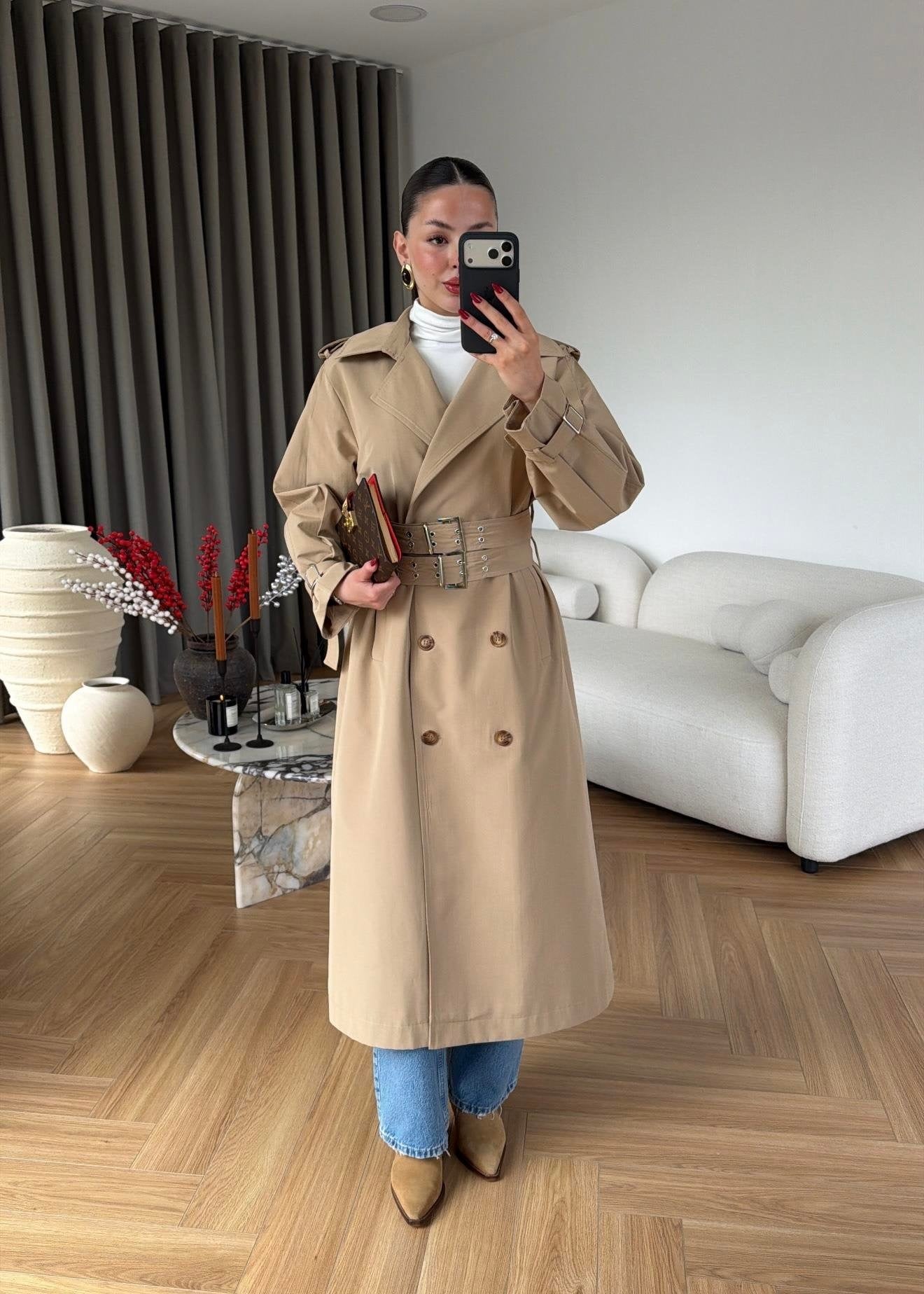 Flex Çift Kemerli Trençkot CAMEL