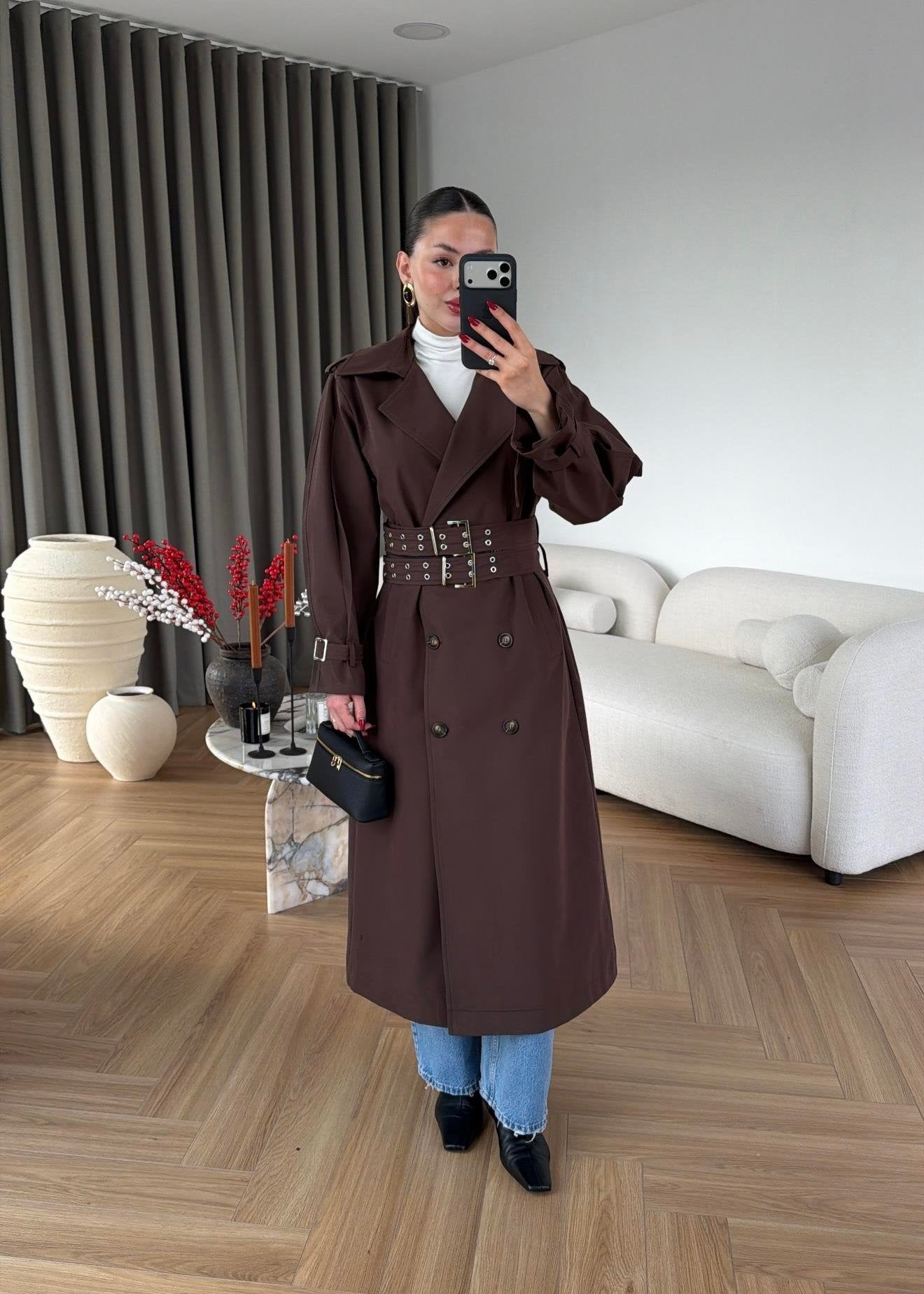 Flex Çift Kemerli Trençkot ACI KAHVE
