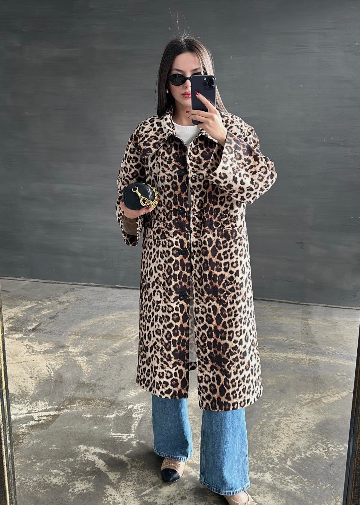 Leopar Uzun Trençkot RENKLİ