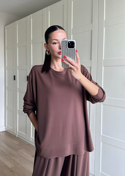 Şalvar Pantolonlu Modal Takım KAHVE