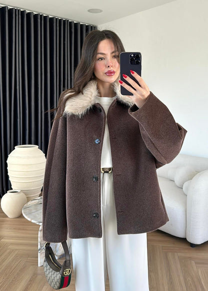 Kaşe Çıkarılabilir Kürklü Kaban KAHVE