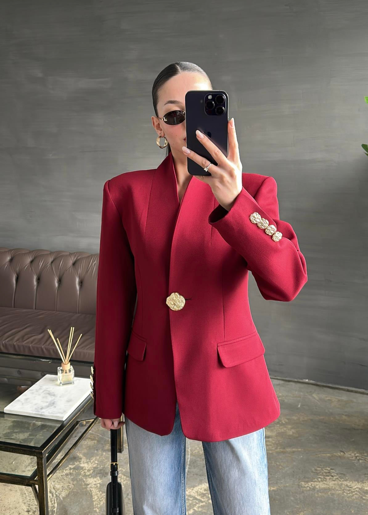 Şal Yakalı Gold Düğmeli Ceket BORDO