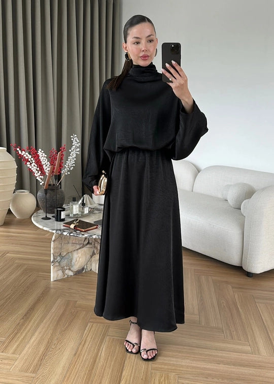 Yarasa Kol Saten Elbise SİYAH